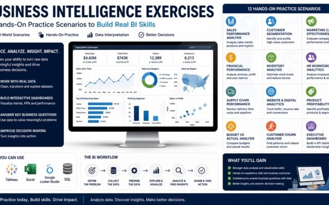 Business intelligence exercises with dashboards, data analysis and reporting scenarios for skill building