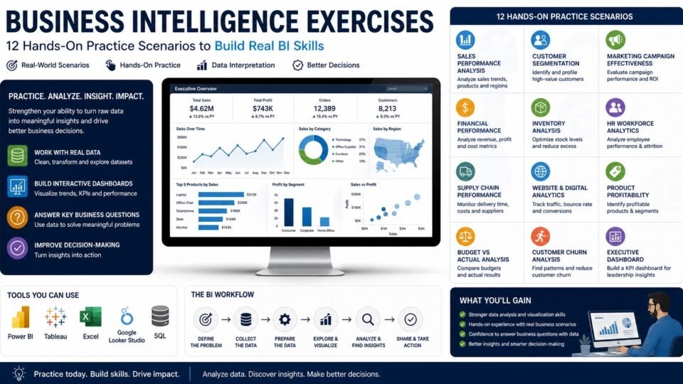 Business intelligence exercises with dashboards, data analysis and reporting scenarios for skill building