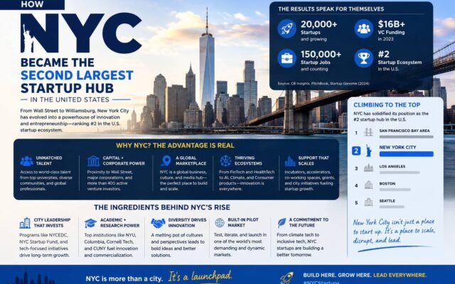 How NYC became the second largest startup hub in the United States infographic with New York skyline and startup ecosystem statistics