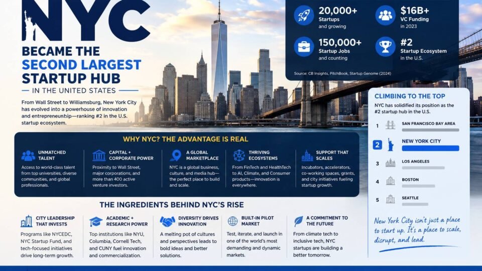 How NYC became the second largest startup hub in the United States infographic with New York skyline and startup ecosystem statistics