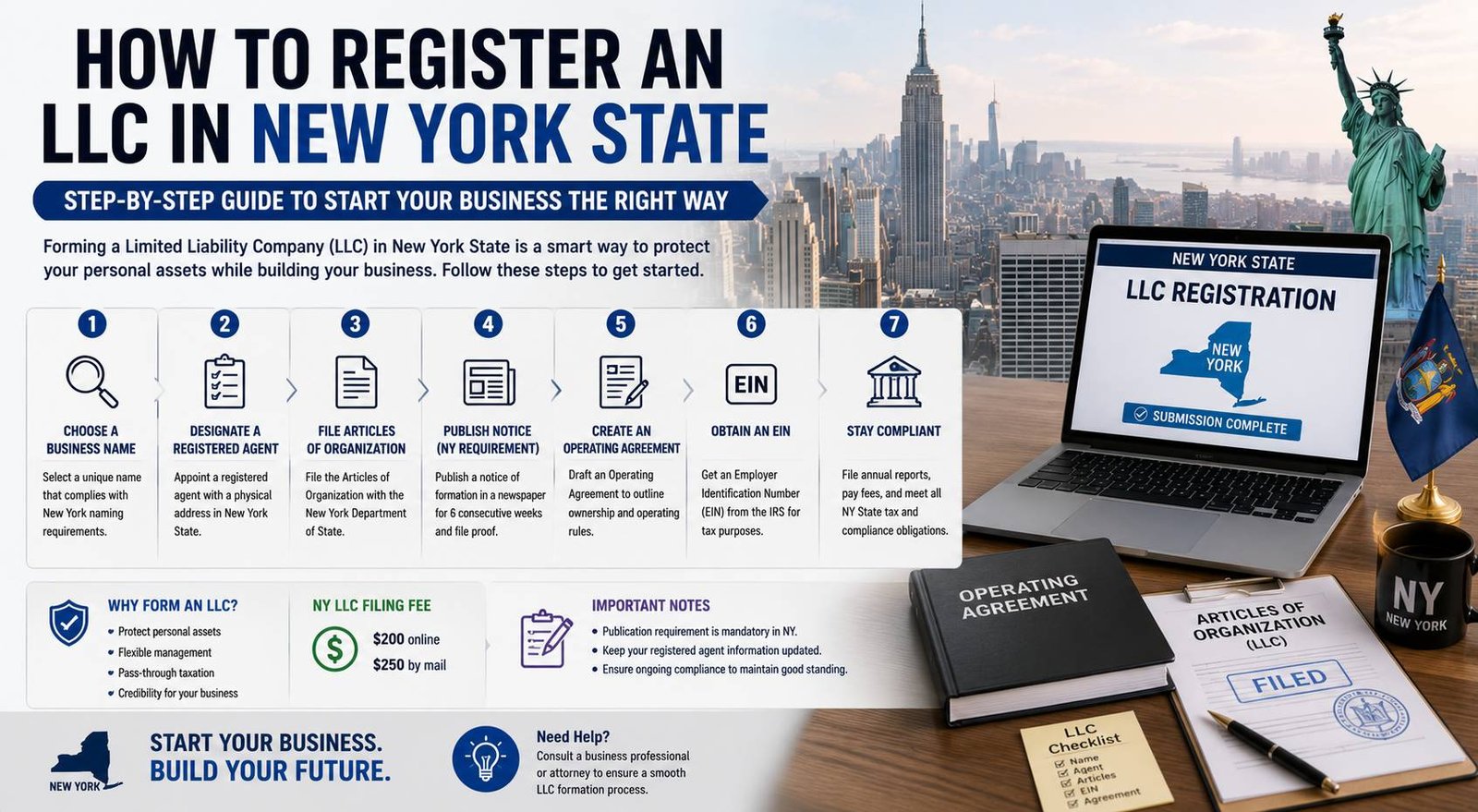 Entrepreneur registering an LLC in New York State with legal business documents