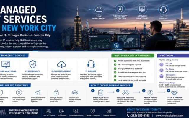 Managed IT services team monitoring cloud systems and cybersecurity infrastructure in New York City