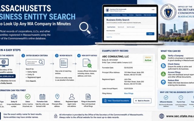 Massachusetts business entity search interface showing company lookup and registration details