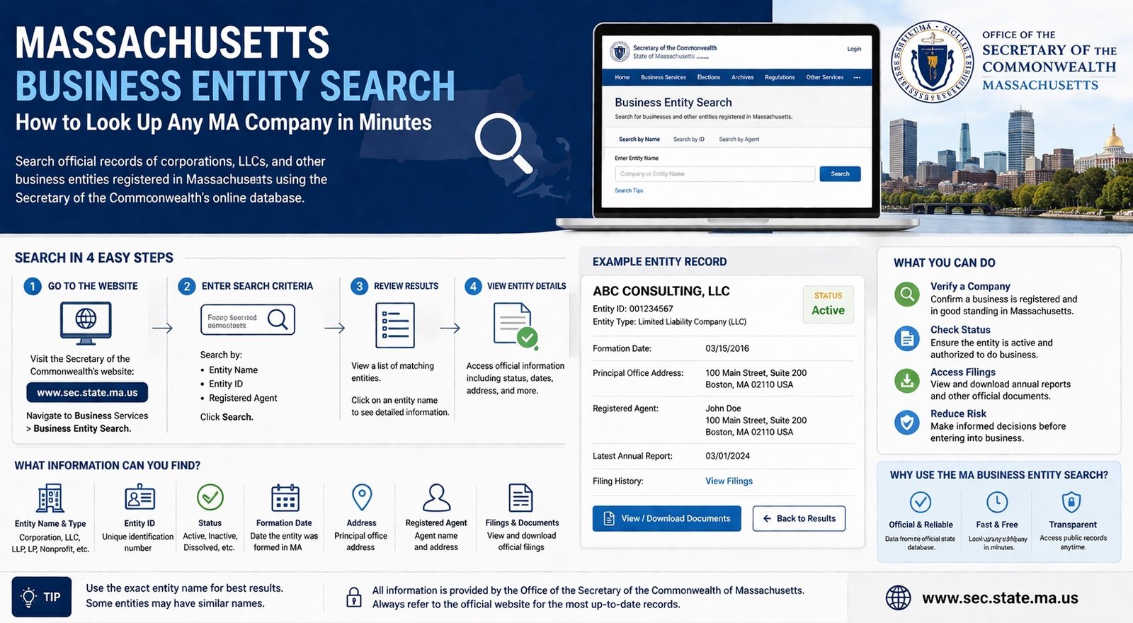Massachusetts business entity search interface showing company lookup and registration details