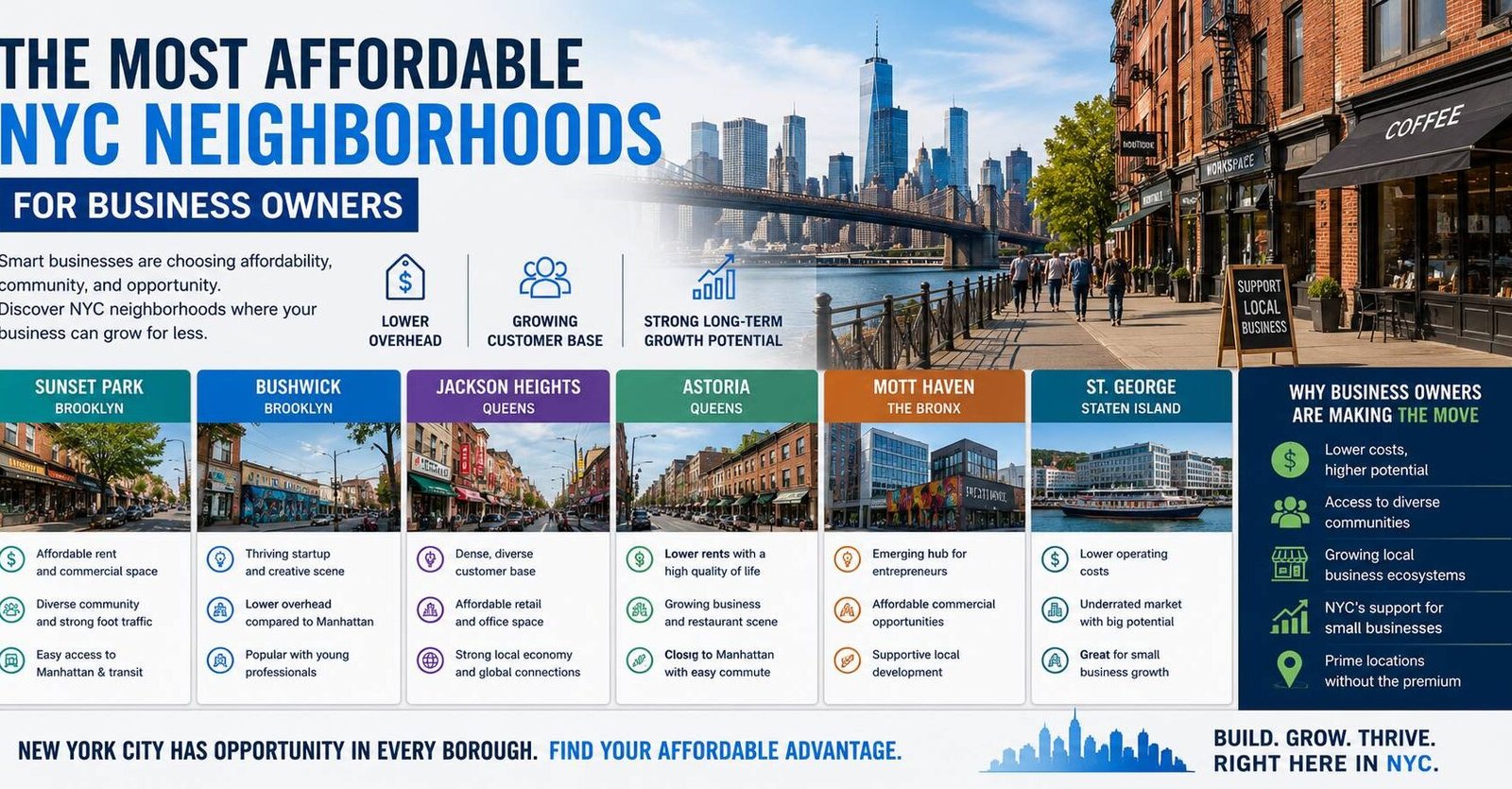 Affordable NYC neighborhoods for business owners featuring commercial streets, local shops, and growing startup communities in New York City