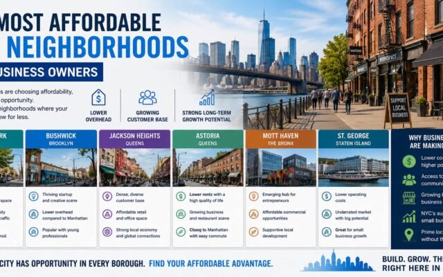 Affordable NYC neighborhoods for business owners featuring commercial streets, local shops, and growing startup communities in New York City
