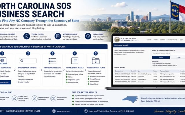 North Carolina Secretary of State business search showing company lookup and registration details