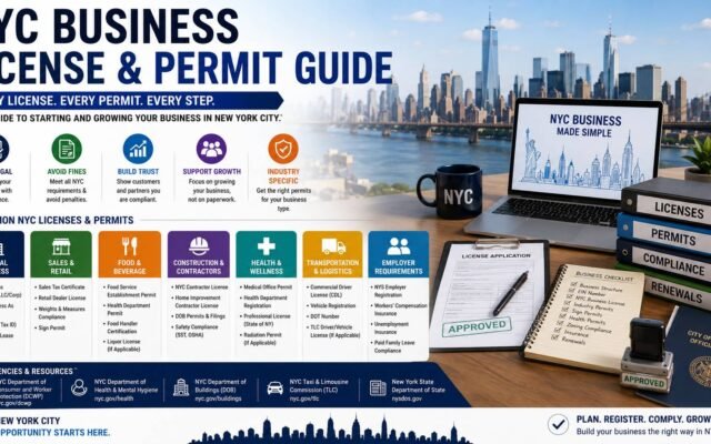 NYC entrepreneur reviewing business licenses permits and compliance documents