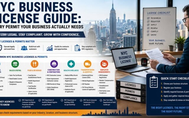 NYC business owner reviewing licenses permits and legal documents for business compliance