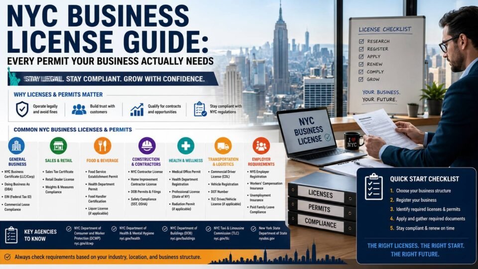 NYC business owner reviewing licenses permits and legal documents for business compliance
