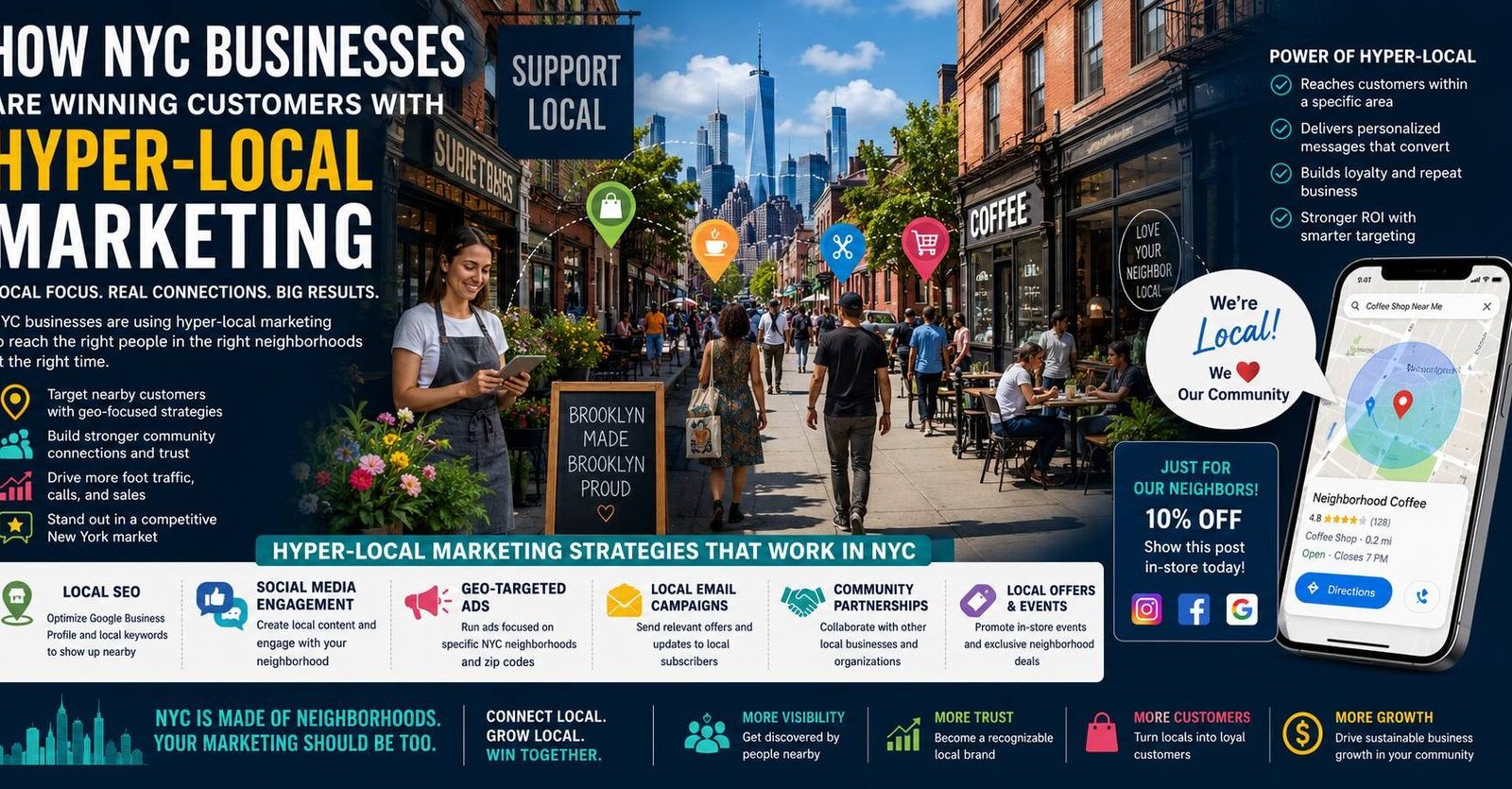 NYC businesses using hyper-local marketing strategies to attract nearby customers through local SEO and community engagement