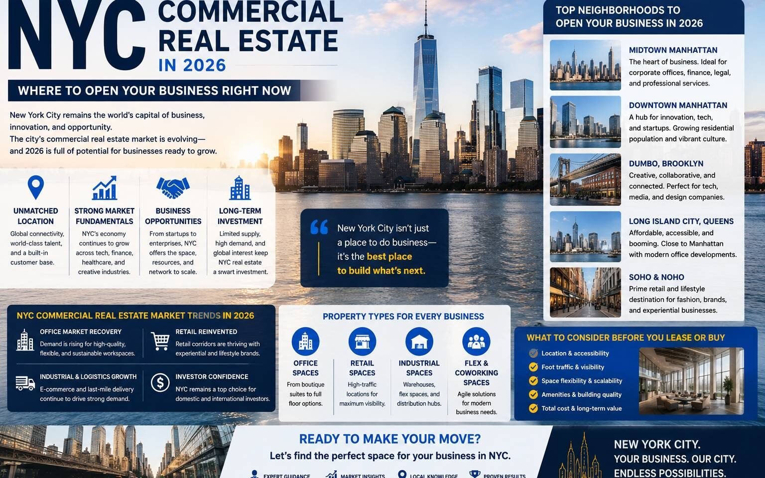 NYC commercial real estate skyline showing office buildings and prime business locations in New York City for 2026