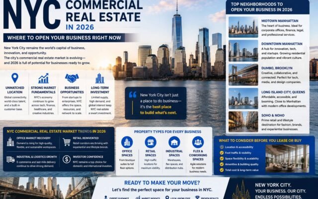 NYC commercial real estate skyline showing office buildings and prime business locations in New York City for 2026