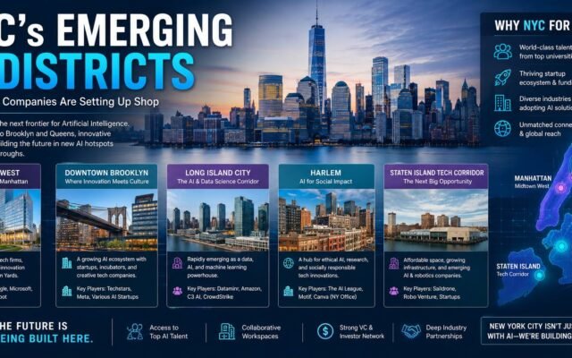 NYC emerging AI districts with technology companies, startups, and innovation hubs expanding across New York City
