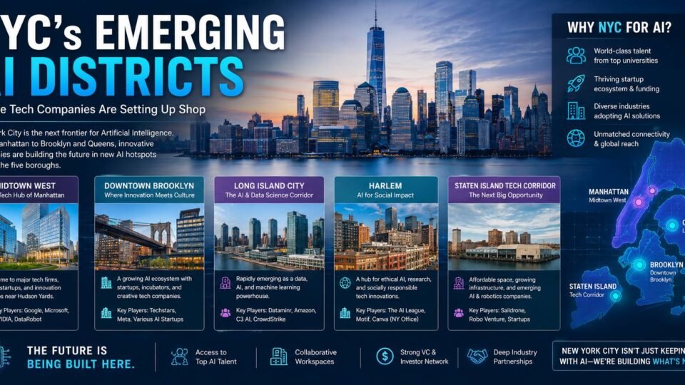 NYC emerging AI districts with technology companies, startups, and innovation hubs expanding across New York City