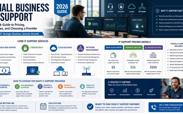 Small business IT support team managing cloud systems cybersecurity and network infrastructure