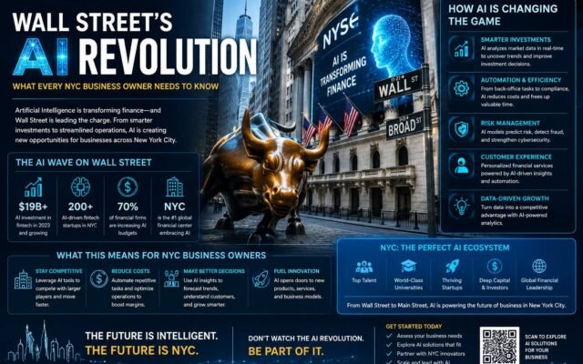 Wall Street AI revolution concept showing artificial intelligence transforming finance and NYC business operations