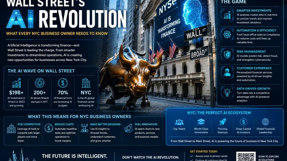 Wall Street AI revolution concept showing artificial intelligence transforming finance and NYC business operations