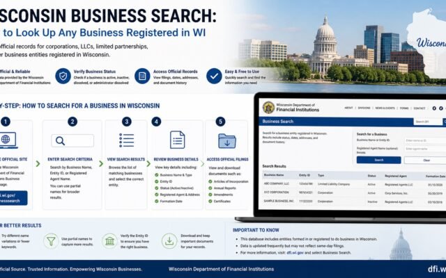 Wisconsin business entity search showing company lookup and registration details online