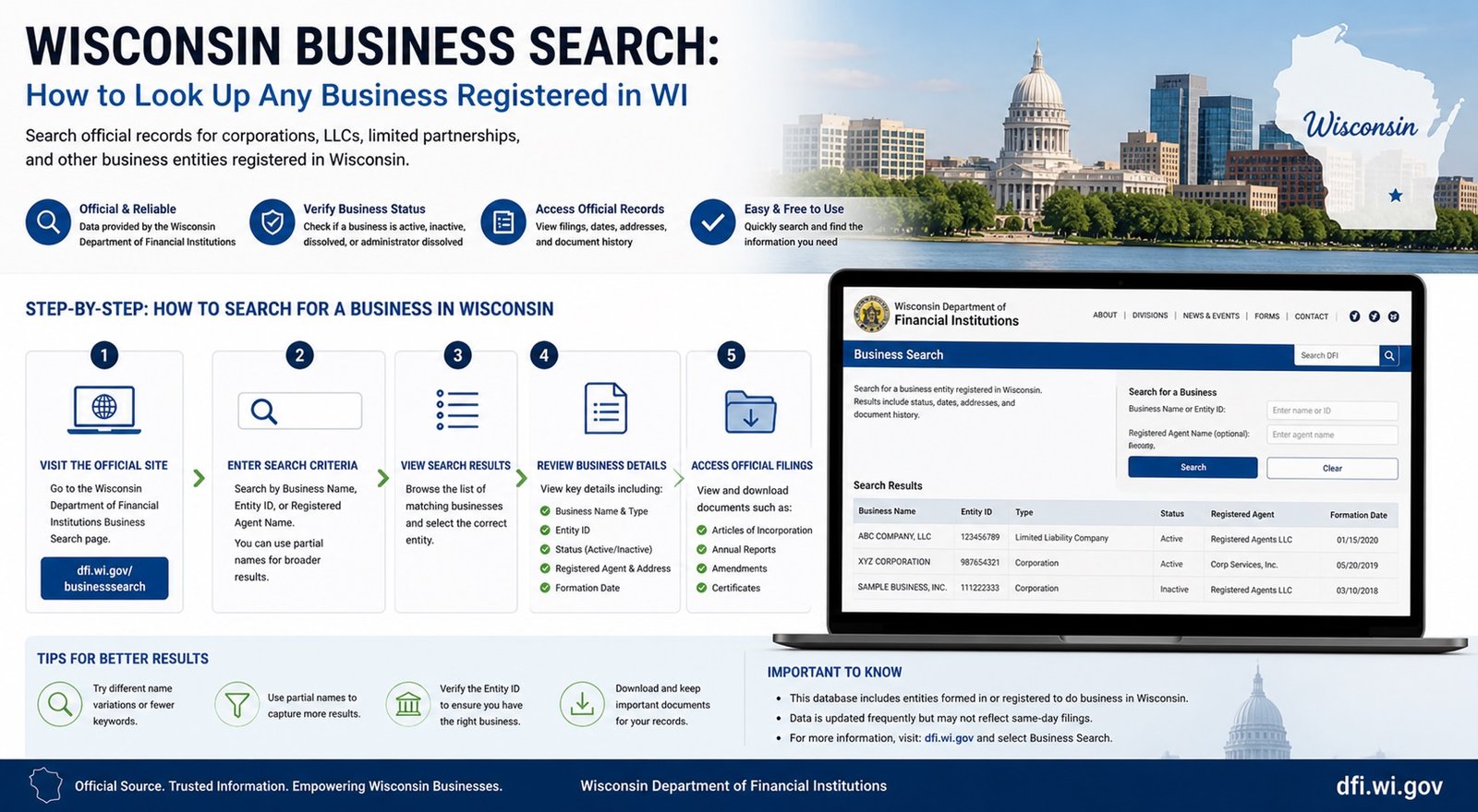 Wisconsin business entity search showing company lookup and registration details online
