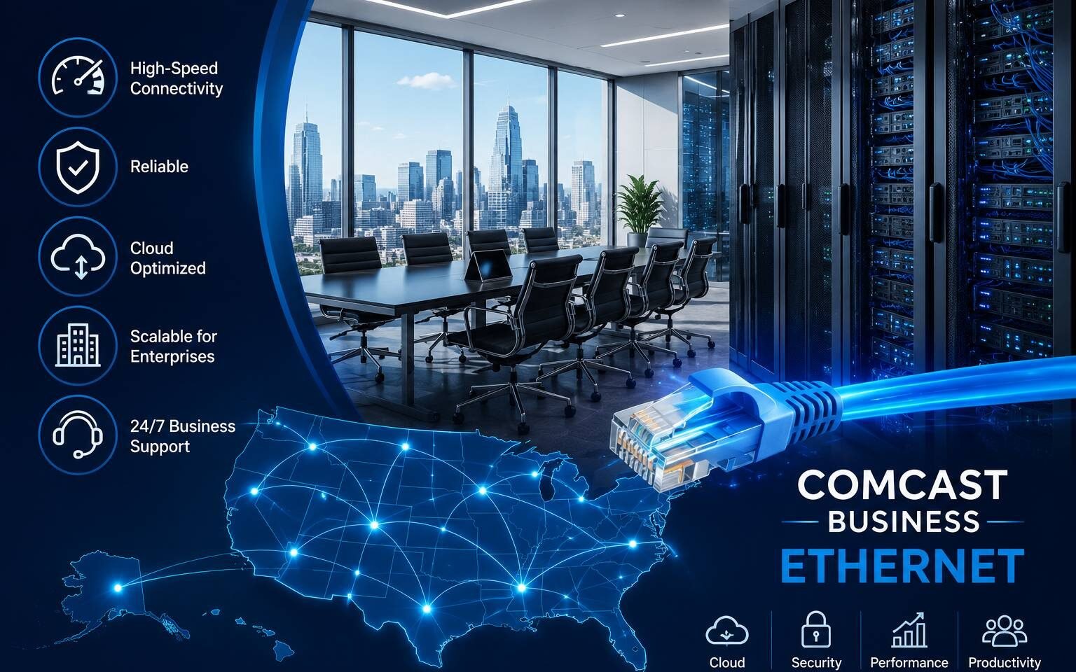 Modern US enterprise office using Comcast Business Ethernet network infrastructure