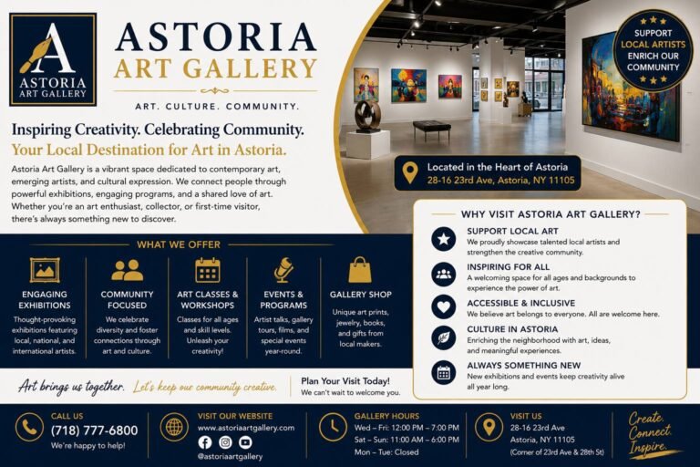 Visitors exploring contemporary paintings, sculptures, photography, and mixed-media artwork inside a modern Astoria art gallery.