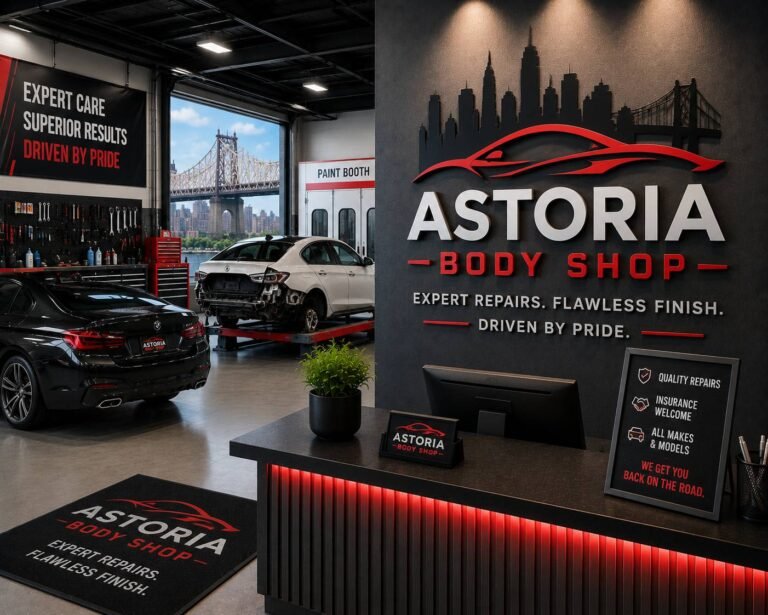 Professional auto body technician repairing a vehicle and refinishing automotive paint in a modern collision repair shop with advanced equipment.