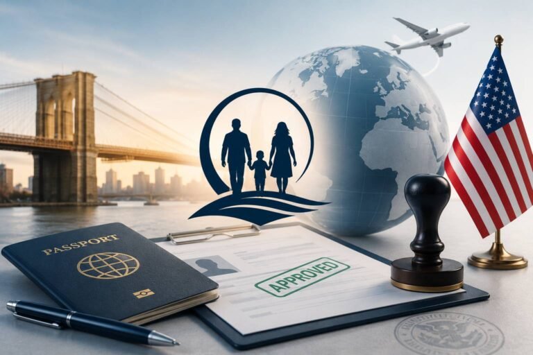 Immigration consultant assisting clients with visa applications, green card forms, citizenship documents, and immigration paperwork in a professional office.
