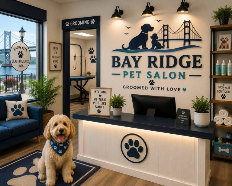 Professional pet groomer styling a happy dog in a modern pet salon with grooming tables, bathing stations, and premium grooming tools.