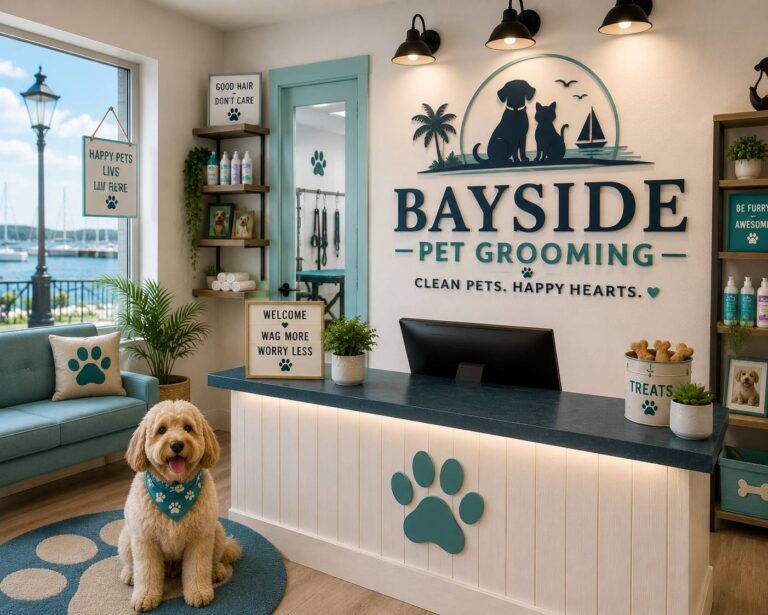 Professional pet groomer grooming a happy dog in a modern pet grooming salon with grooming tables, pet care tools, and a clean environment.