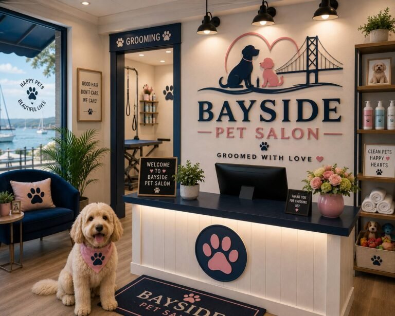 Professional pet groomer grooming a happy dog in a modern pet salon with grooming tables, bathing stations, and premium pet care equipment.