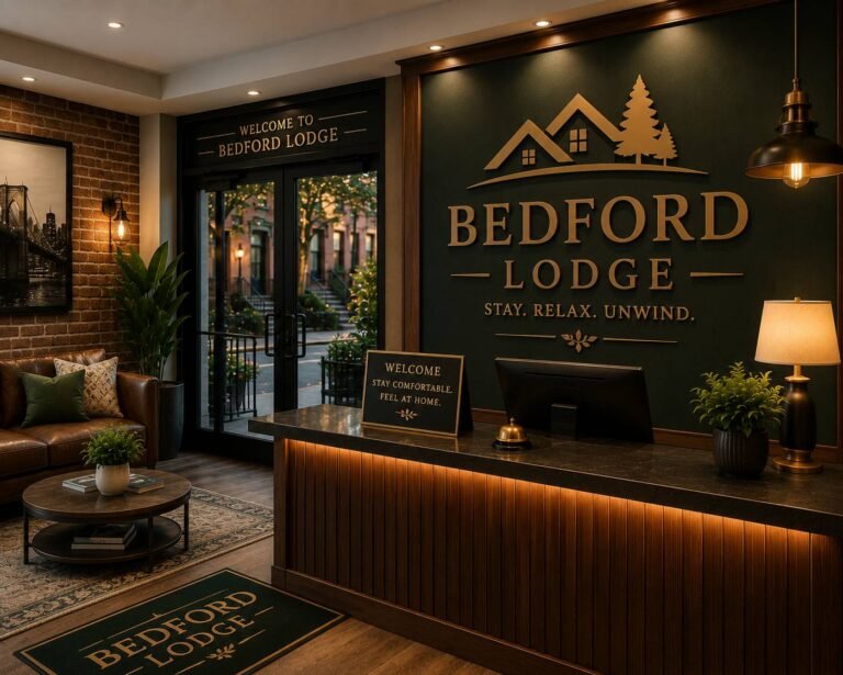 Modern lodge featuring cozy guest rooms, a welcoming reception area, comfortable lounge seating, and elegant interior décor for travelers.