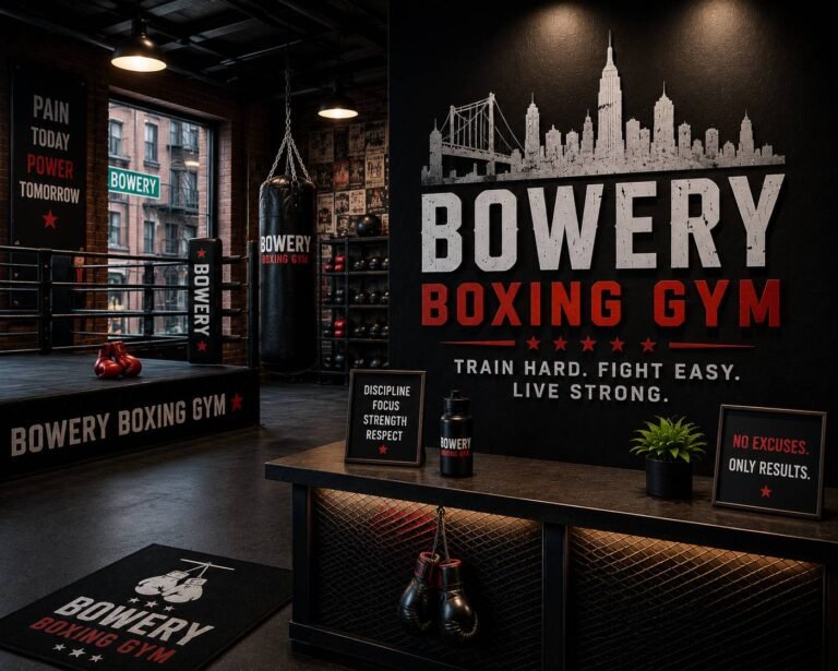 Professional boxing coach training athletes in a modern boxing gym with a boxing ring, heavy bags, speed bags, and strength training equipment.