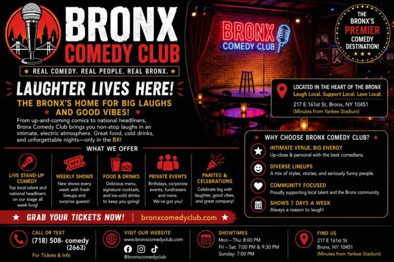 Stand-up comedian performing on stage at Bronx Comedy Club in front of a lively audience enjoying a night of live comedy and entertainment.