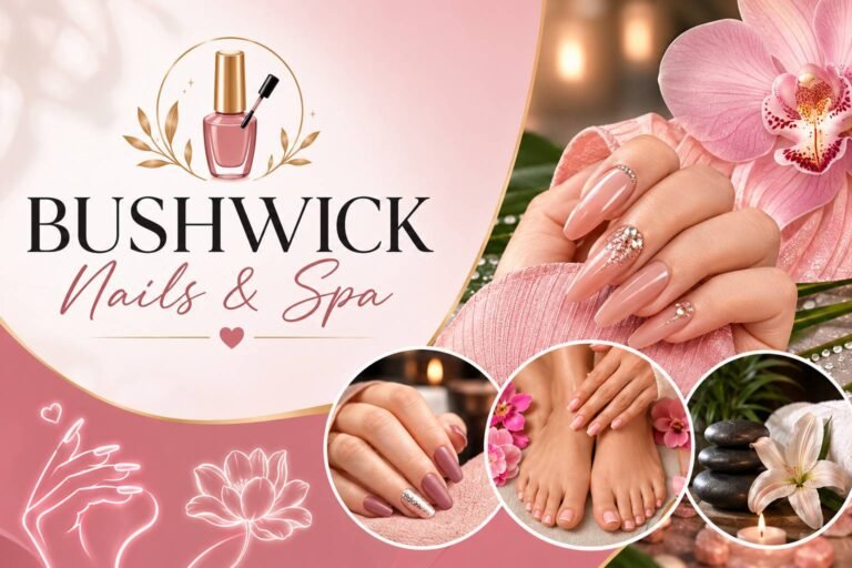 Nail technician providing a manicure and nail art service to a client in a modern nail salon with professional manicure tools and spa equipment.