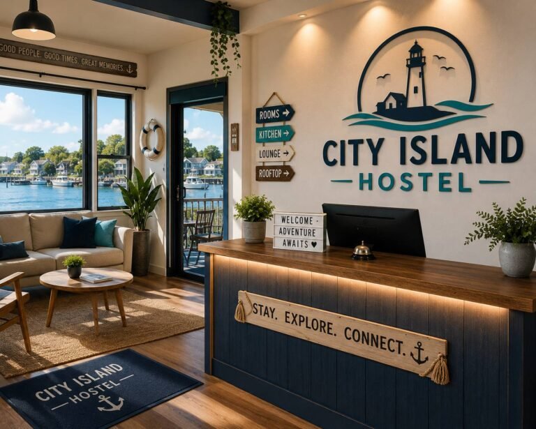 Modern hostel featuring clean shared dormitories, private rooms, cozy common areas, and travelers relaxing in a welcoming environment.