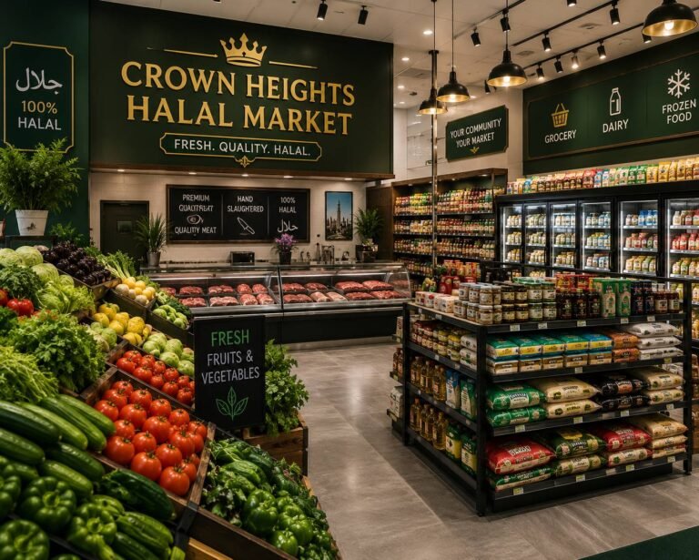 Customers shopping for fresh halal meat, fruits, vegetables, spices, and grocery essentials in a clean and modern halal market.