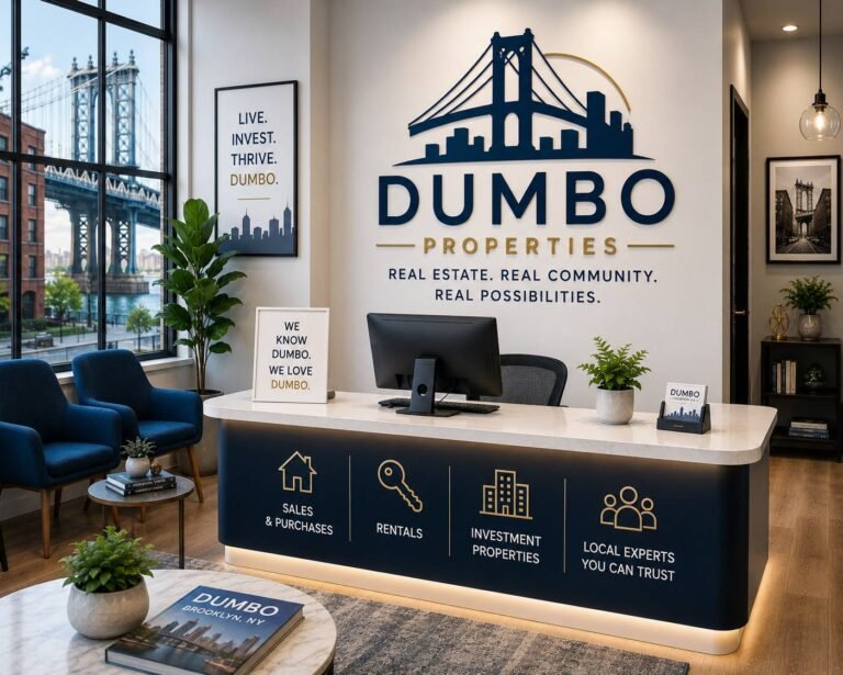 Professional real estate agent discussing property listings with clients in a modern office featuring home listings, neighborhood maps, and digital displays.