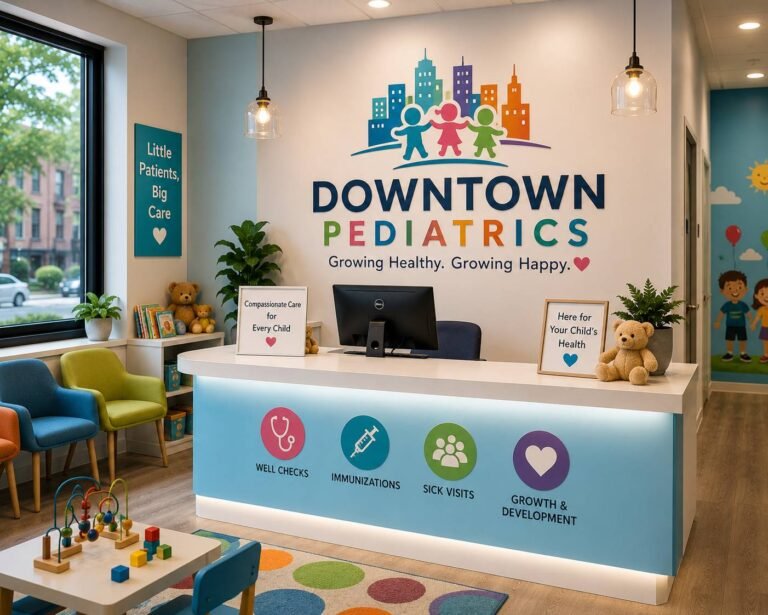 Pediatrician examining a smiling child in a modern pediatric clinic with colorful décor, medical equipment, and family-friendly surroundings.