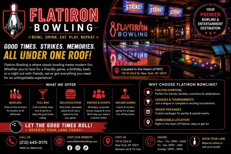 Friends enjoying a game of bowling at Flatiron Bowling with modern lanes, colorful lighting, and a lively entertainment atmosphere.