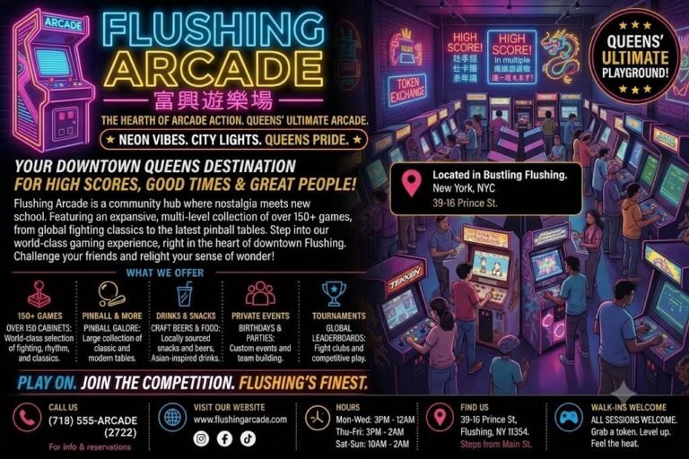 Families and friends enjoying arcade games, racing simulators, claw machines, and interactive video games at Flushing Arcade.
