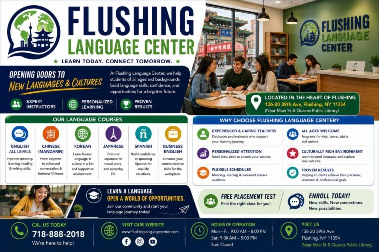 Language instructor teaching students in a modern classroom using multilingual learning materials, digital displays, and interactive language exercises.