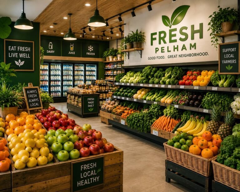 Customers shopping for fresh fruits, vegetables, dairy products, and grocery essentials in a bright, modern neighborhood supermarket.