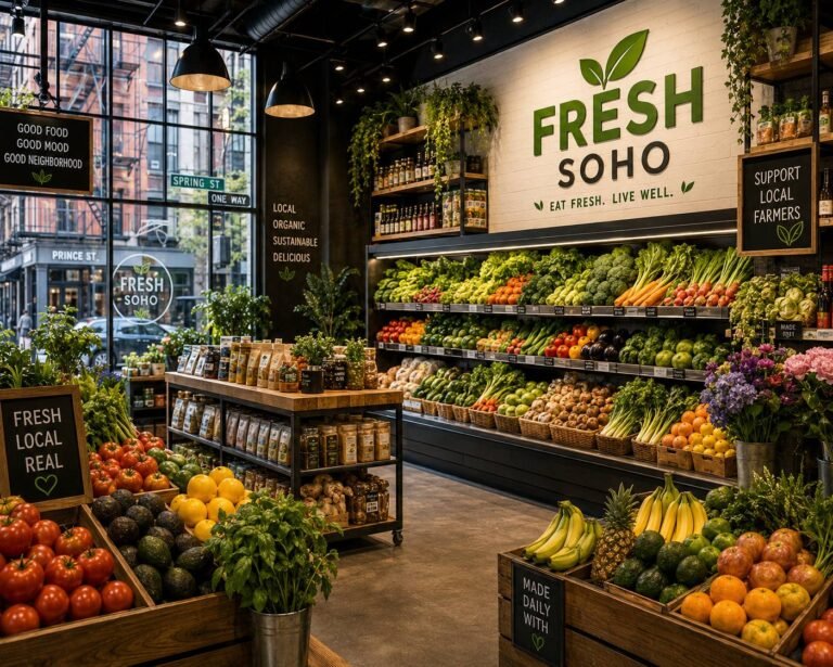 Modern grocery store with customers shopping for fresh fruits, vegetables, organic foods, dairy products, and pantry essentials in a clean retail environment.