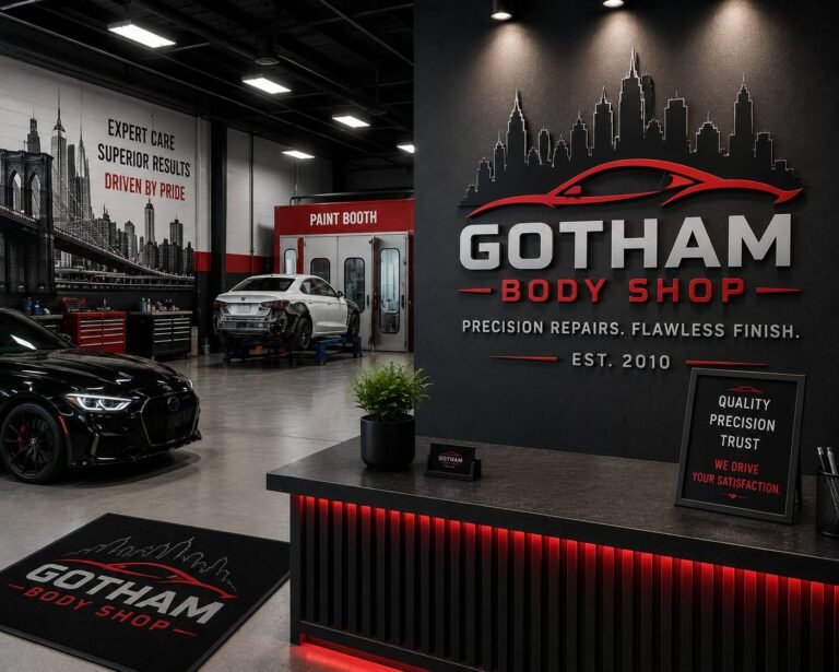 Certified auto body technician repairing and refinishing a vehicle in a modern collision repair shop with professional automotive equipment.
