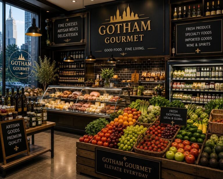 Customers browsing gourmet cheeses, artisan breads, premium meats, fresh produce, and specialty foods in an upscale gourmet market.