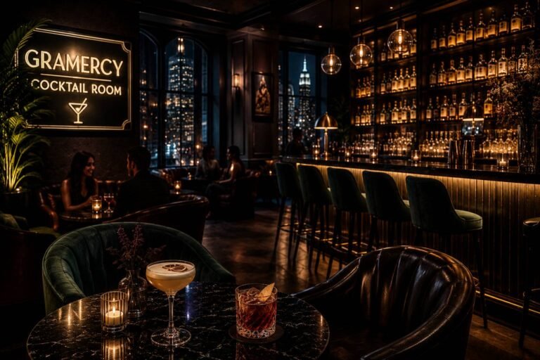 Expert bartender crafting signature cocktails in an elegant cocktail lounge with stylish décor, warm lighting, and guests enjoying a relaxed evening.