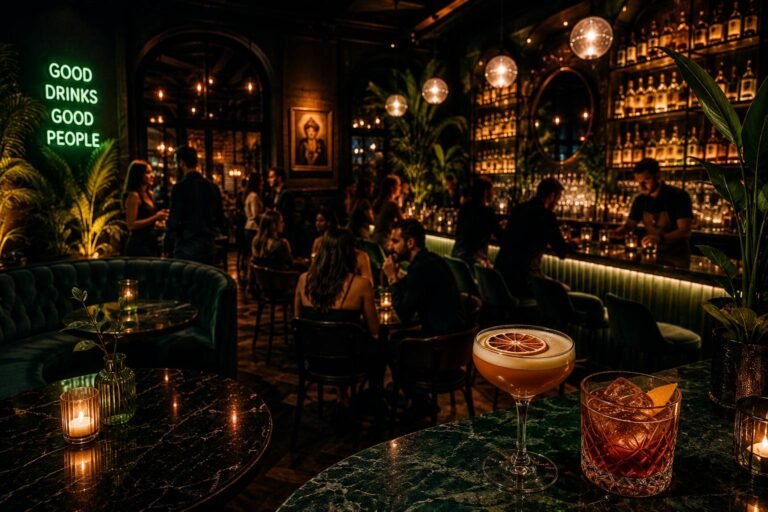 Expert bartender preparing handcrafted cocktails at a modern cocktail lounge with elegant décor, ambient lighting, and guests enjoying a sophisticated evening.