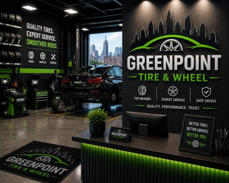 Certified automotive technician installing new tires and alloy wheels using professional tire mounting and balancing equipment in a modern tire service center.