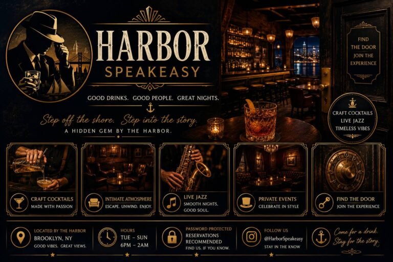 Elegant speakeasy bar with handcrafted cocktails, vintage décor, ambient lighting, and guests enjoying an upscale nightlife experience.